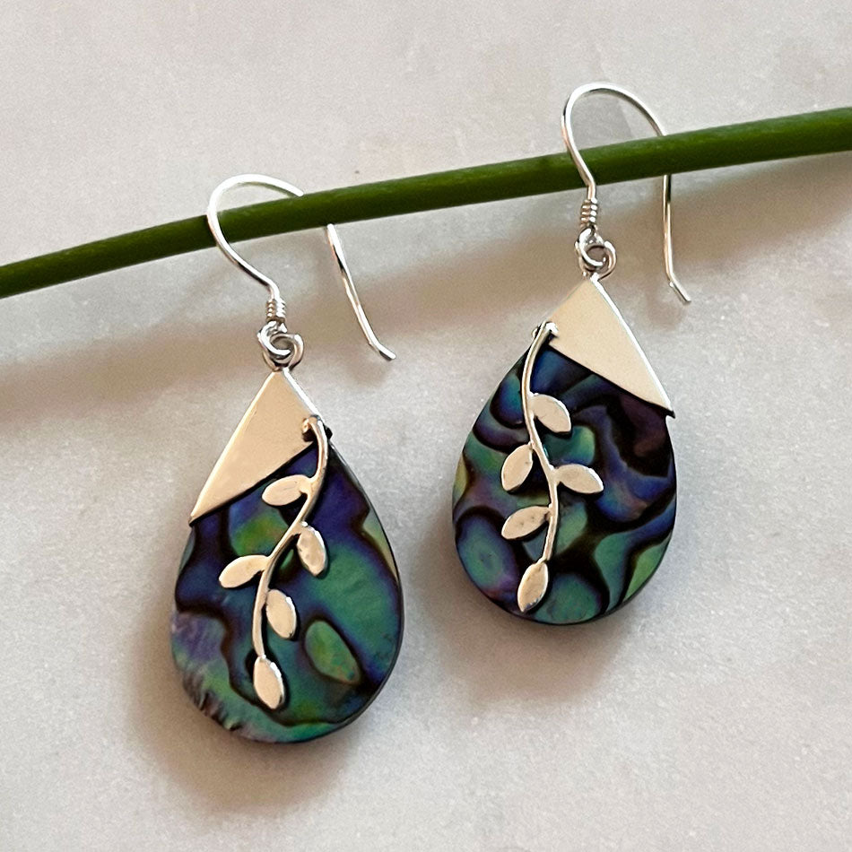 Abalone Leaf Earrings - Sterling Silver, Indonesia