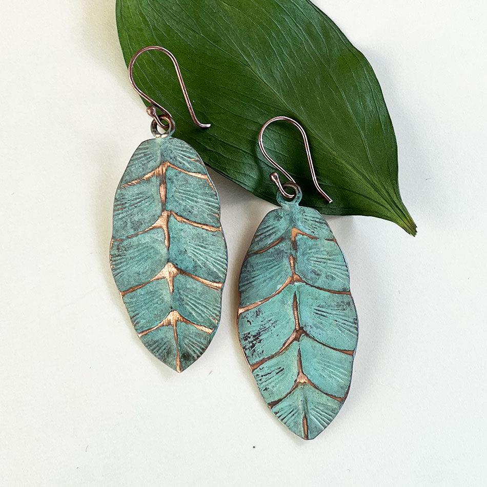Fair trade copper patina leaf earrings