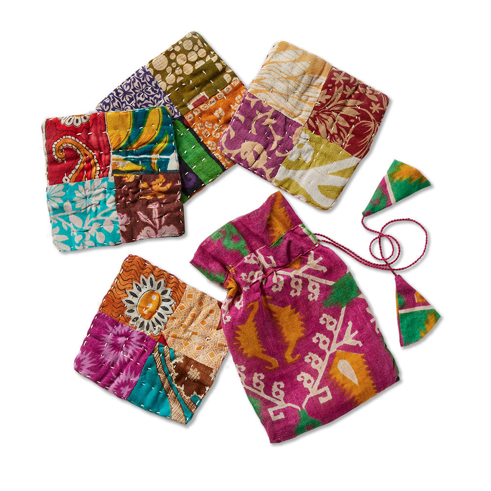 Recycled Sari Patchwork Coasters - Set of 4, Bangladesh