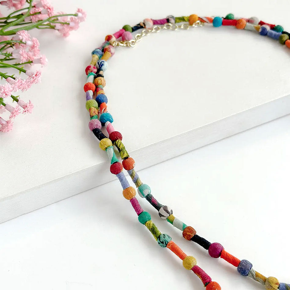 Fair trade recycled sari necklace handmade by women artisans.