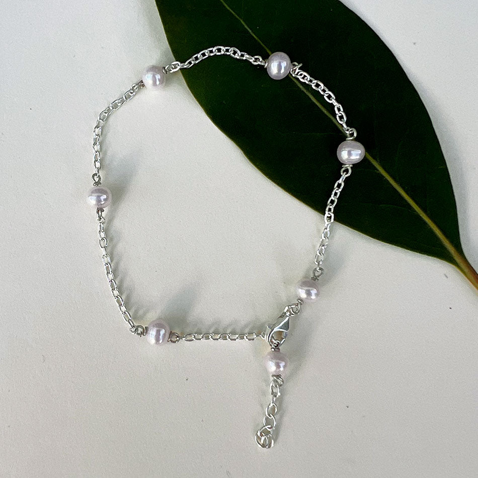 Delicate Pearl Chain Bracelet - Sterling Silver, Indonesia