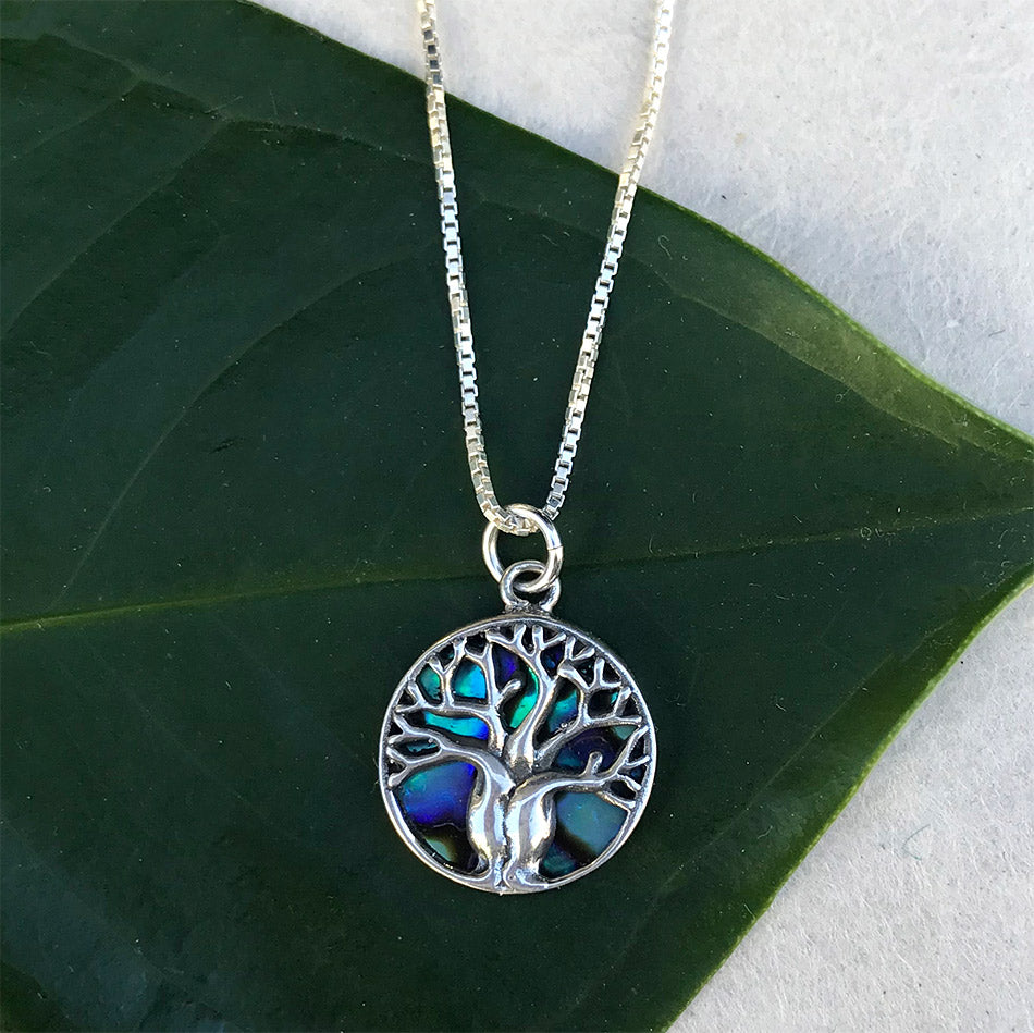 Fair trade sterling silver abalone tree of life necklace