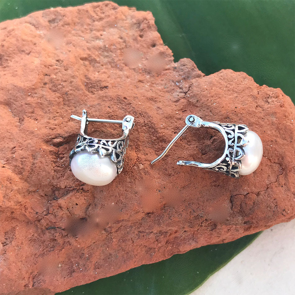 Sterling silver pearl fair trade earrings handmade by artisans in Bali