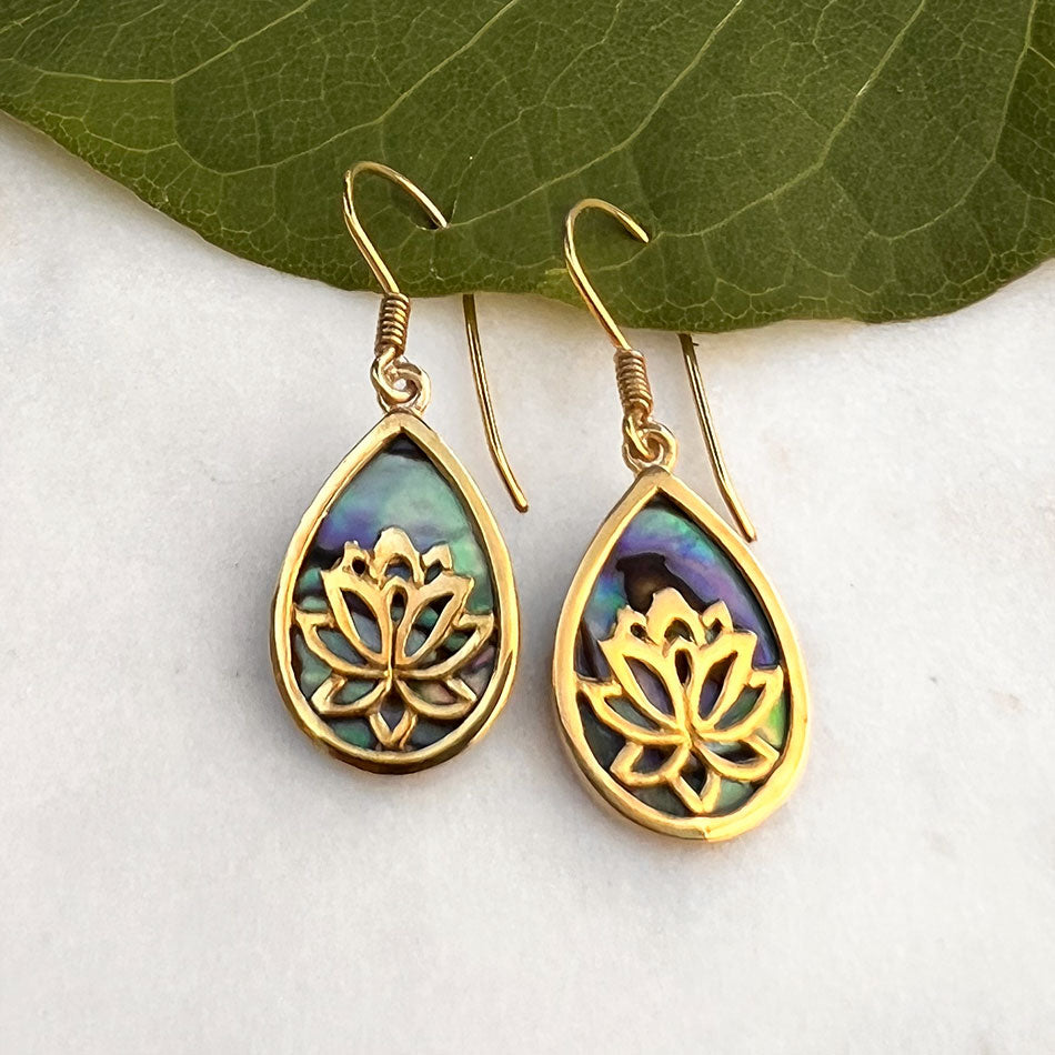 Fair trade abalone lotus earrings handmade by artisans in bali