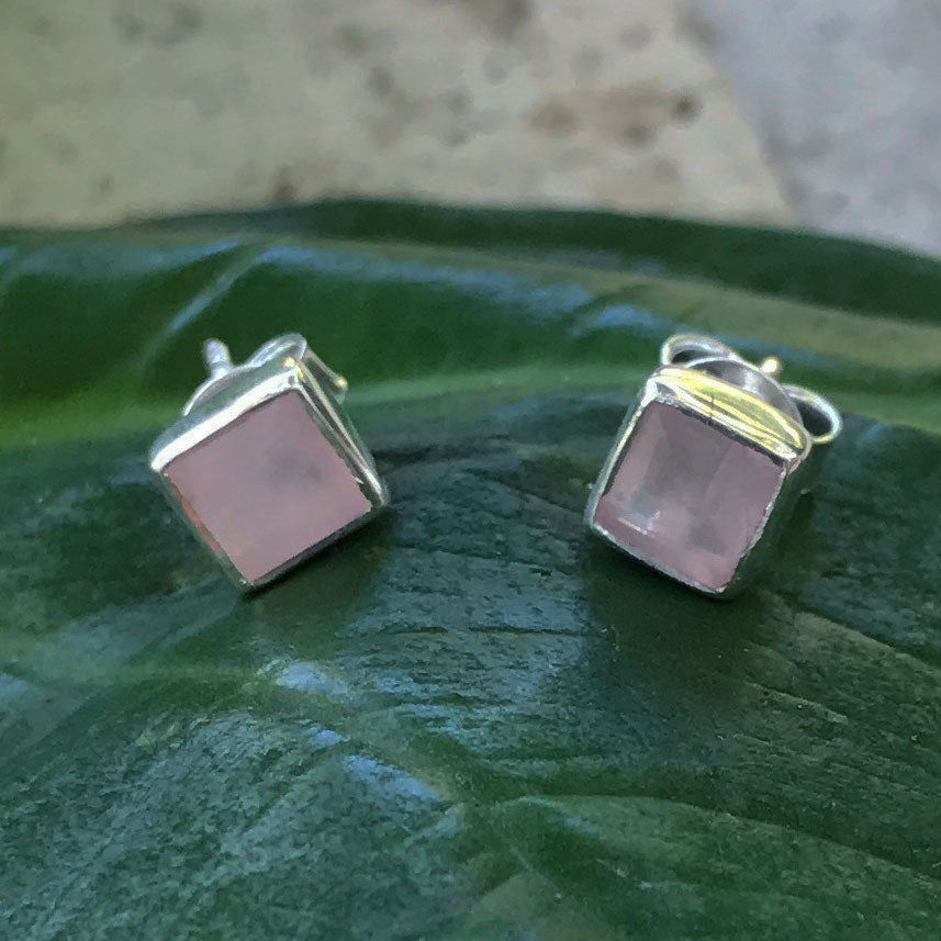 fair trade sterling silver and rose quartz earrings handmade by survivors of human trafficking India