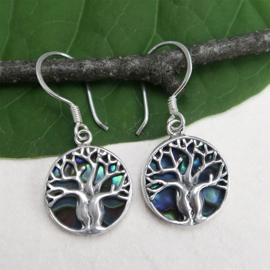 fair trade sterling silver abalone earrings tree of life