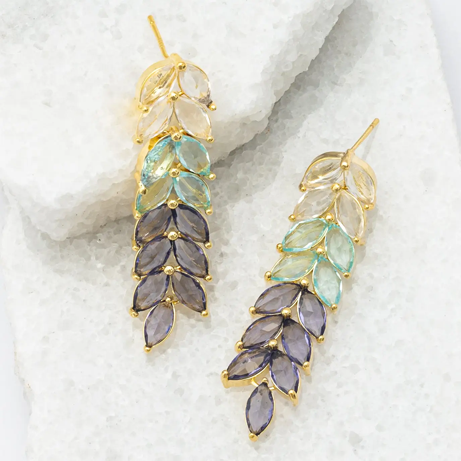 Fair trade earrings with a long chandelier made of colorful crystals.