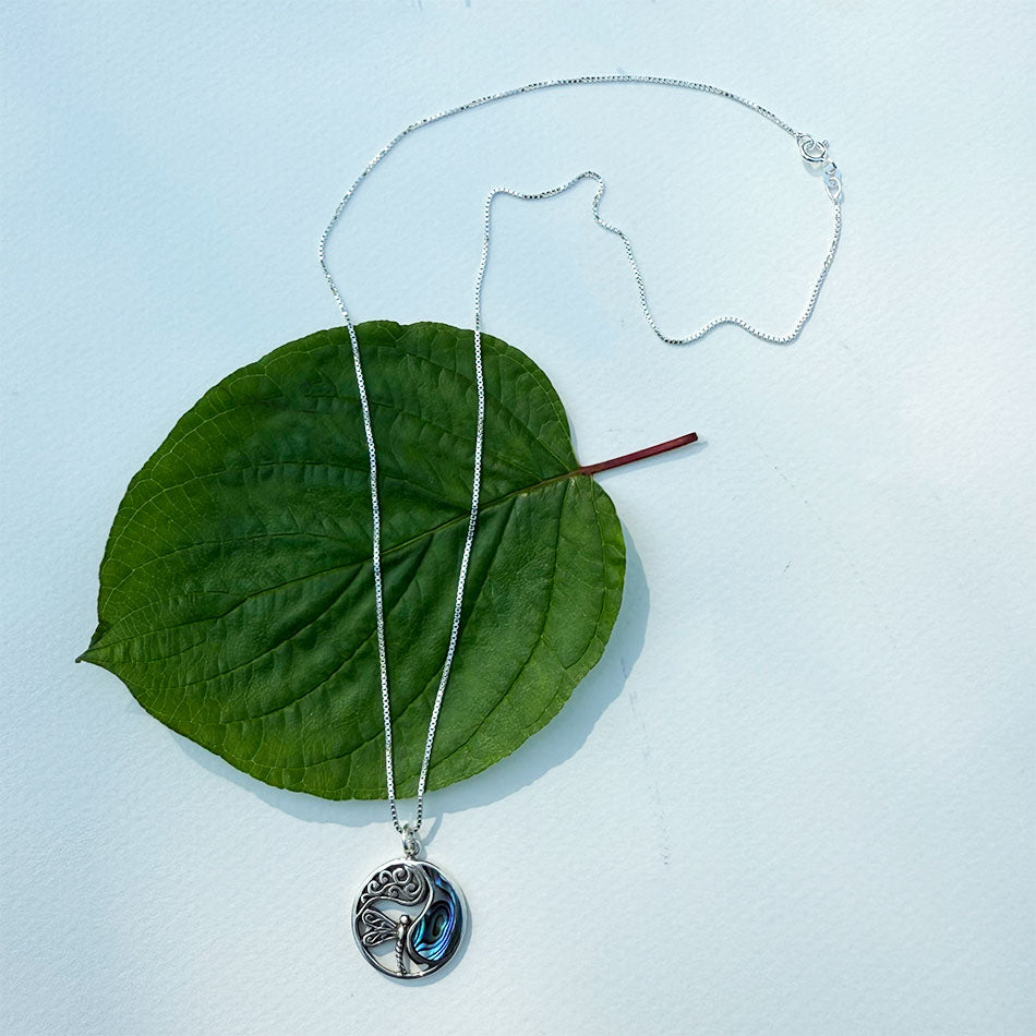 Fair trade sterling silver abalone dragonfly necklace