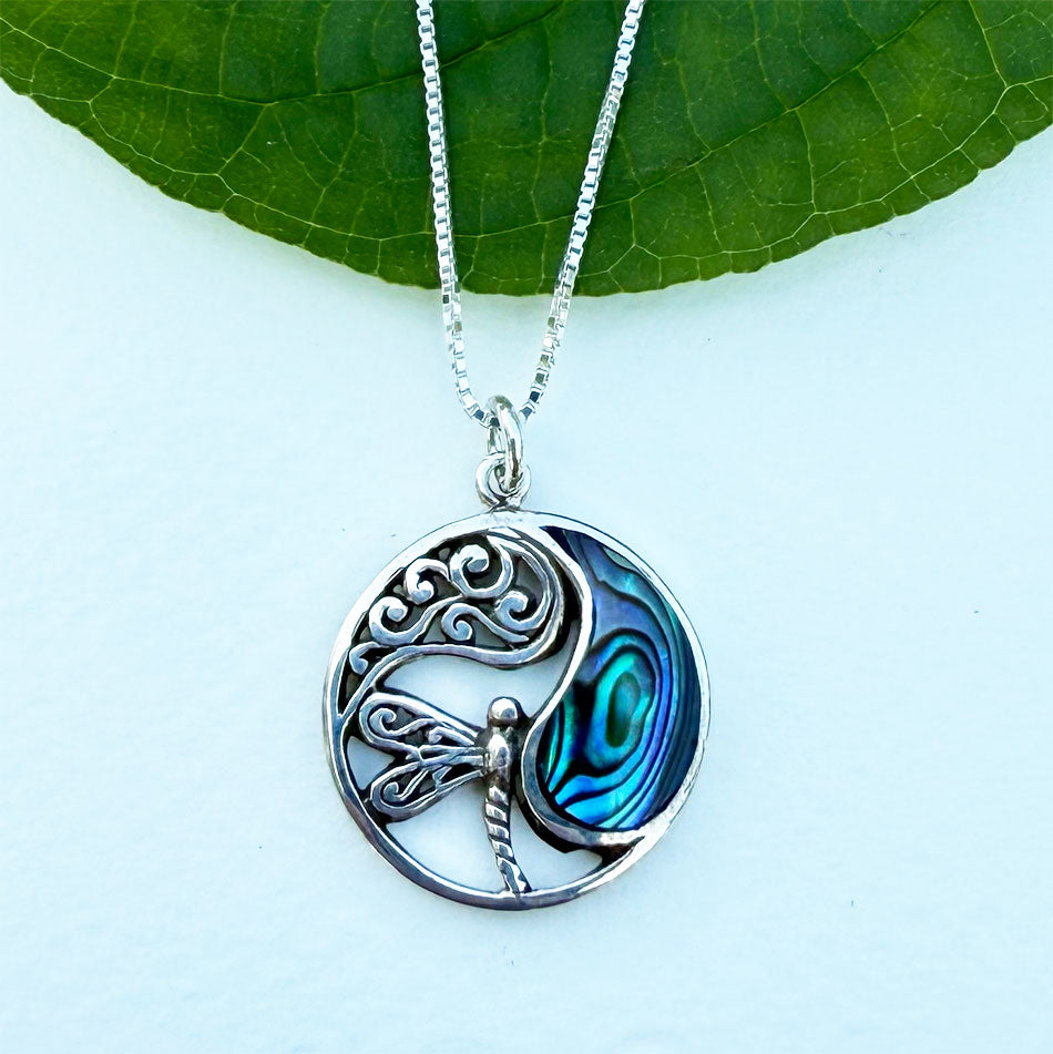 Fair trade sterling silver abalone shell dragonfly necklace