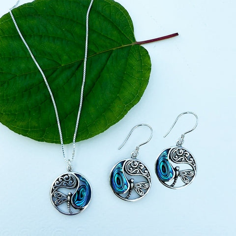 Fair trade dragonfly abalone earrings sterling silver