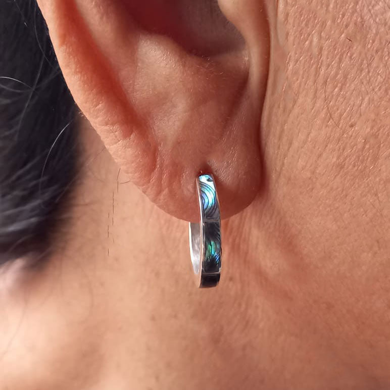 Fair trade abalone sterling inlay huggies earrings Bali on model