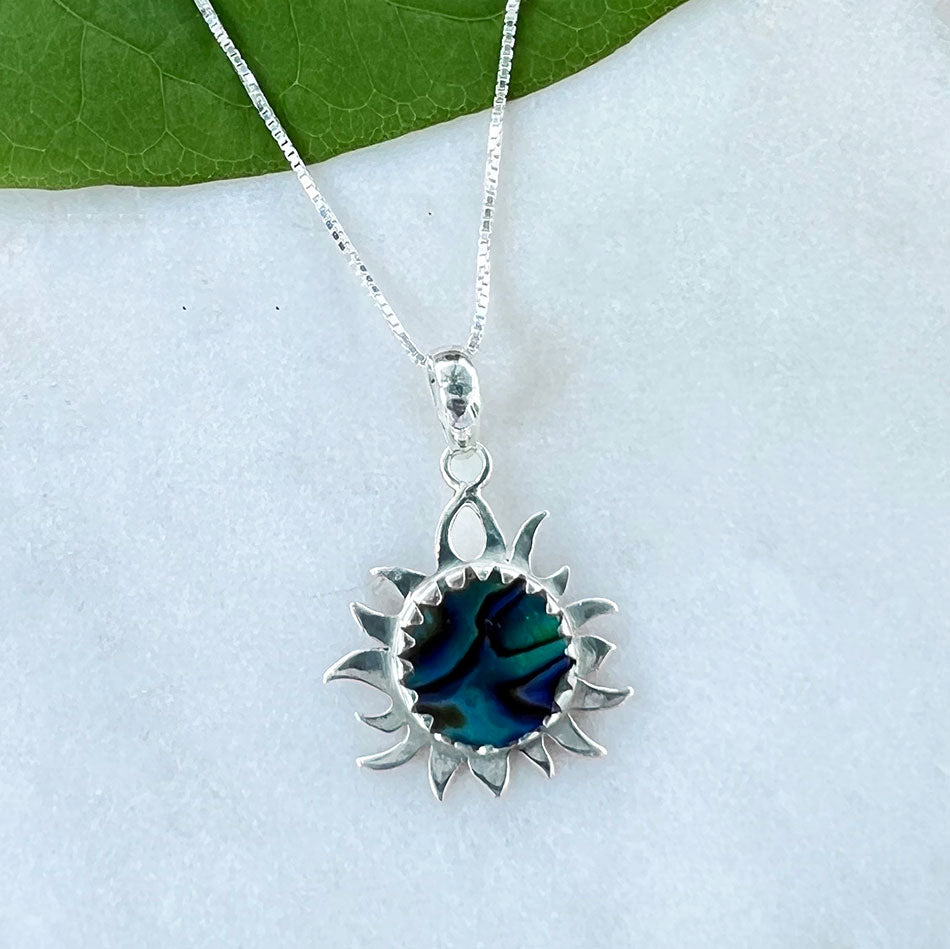 Fair trade sterling silver abalone sun necklace