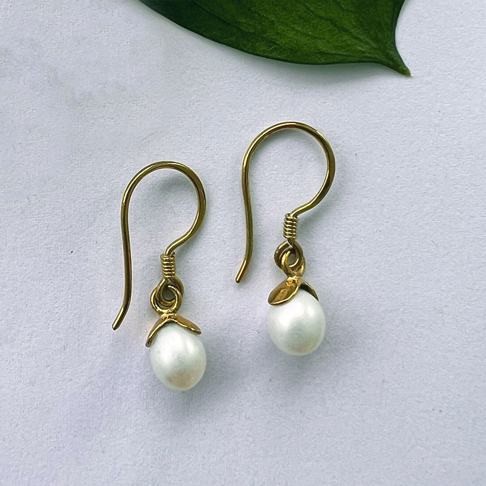 Acorn Pearl Earrings - Brass, Indonesia