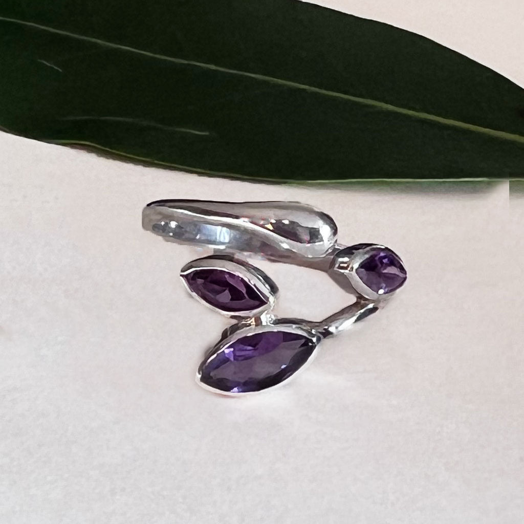 Amethyst Leaf Adjustable Ring- Sterling Silver, Indonesia