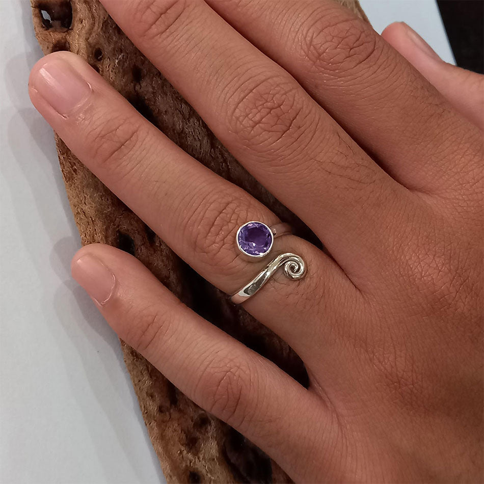 Amethyst Spiral Adjustable Ring- Sterling Silver, Indonesia