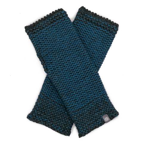Baby alpaca fingerless gloves teal and black trim on hands