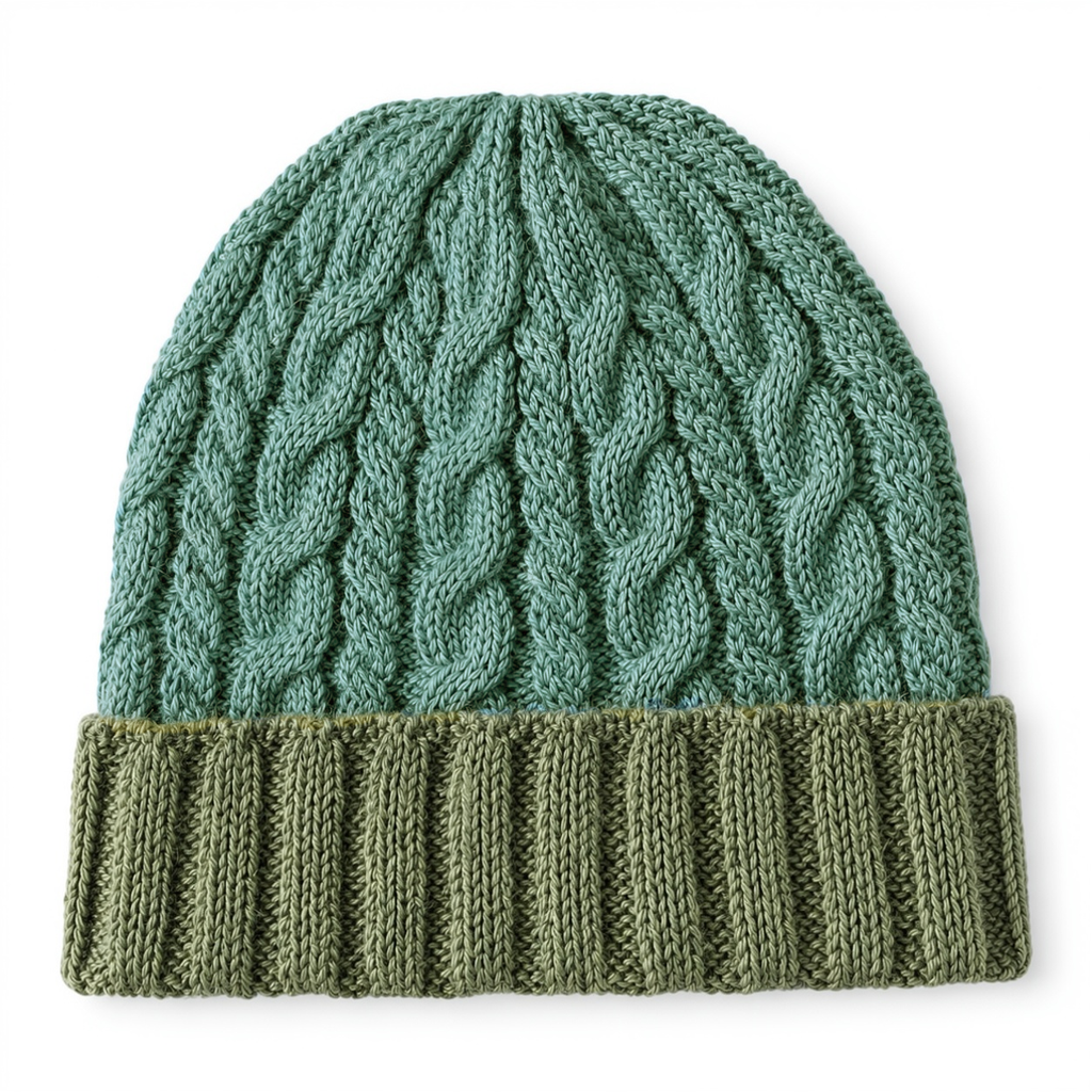 Baby alpaca hat with braided and cuff design in greens 