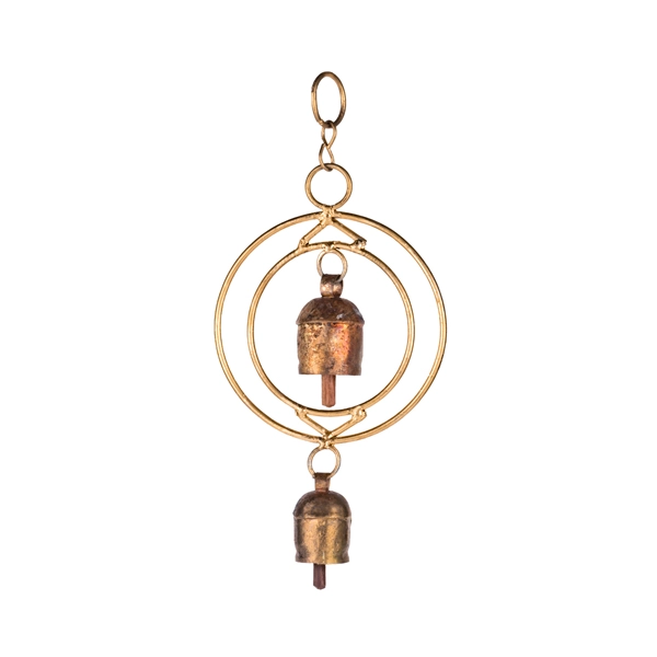 Copper-plated wind chime with 2 circles and 2 bells.