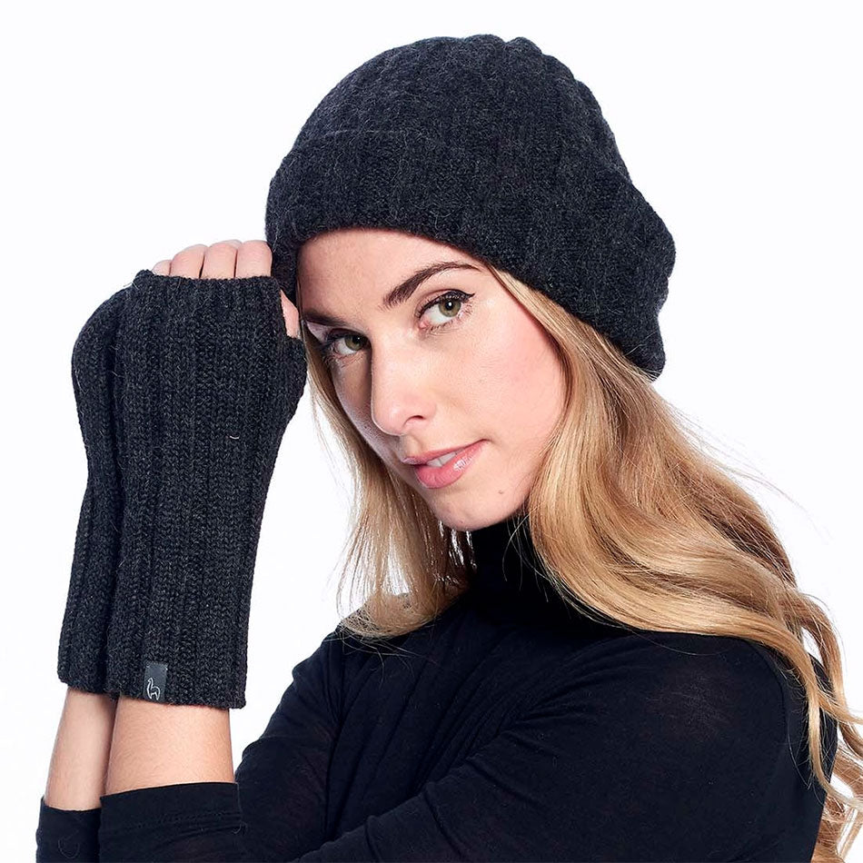 Ethically handmade alpaca fingerless gloves and hat