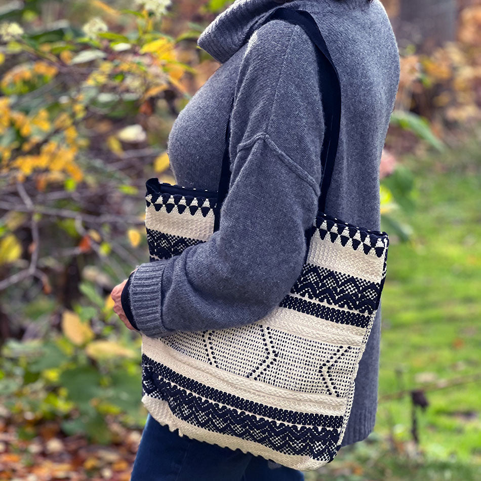 Recycled Handwoven Tote Bag - Black/White, India