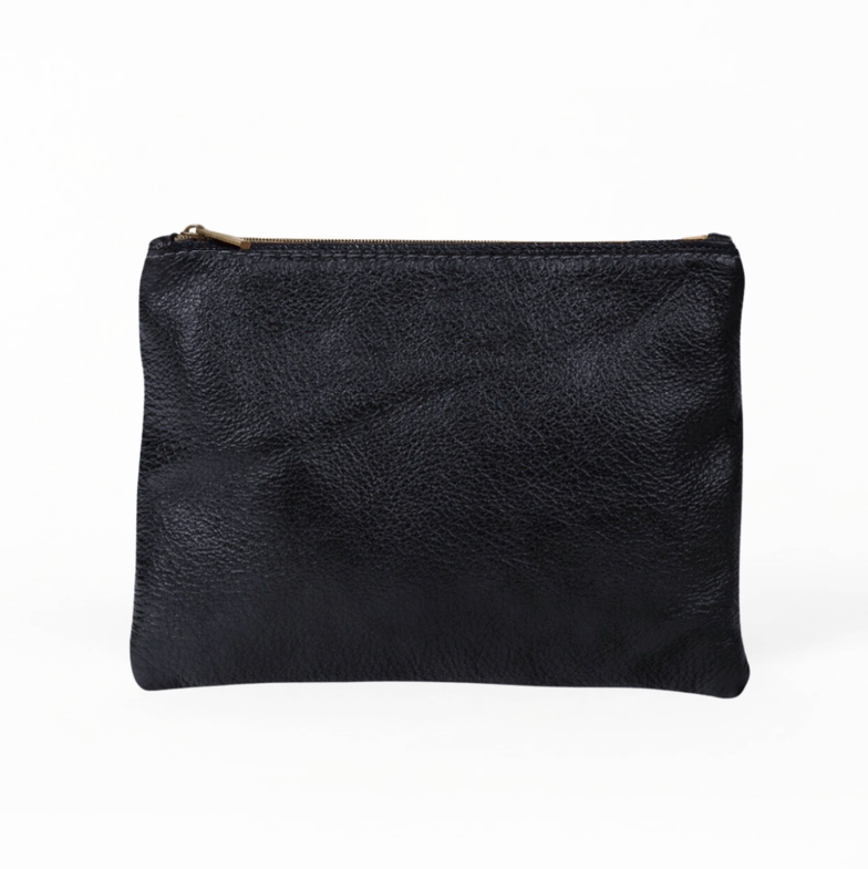 Back side of S=mall black leather pouch.