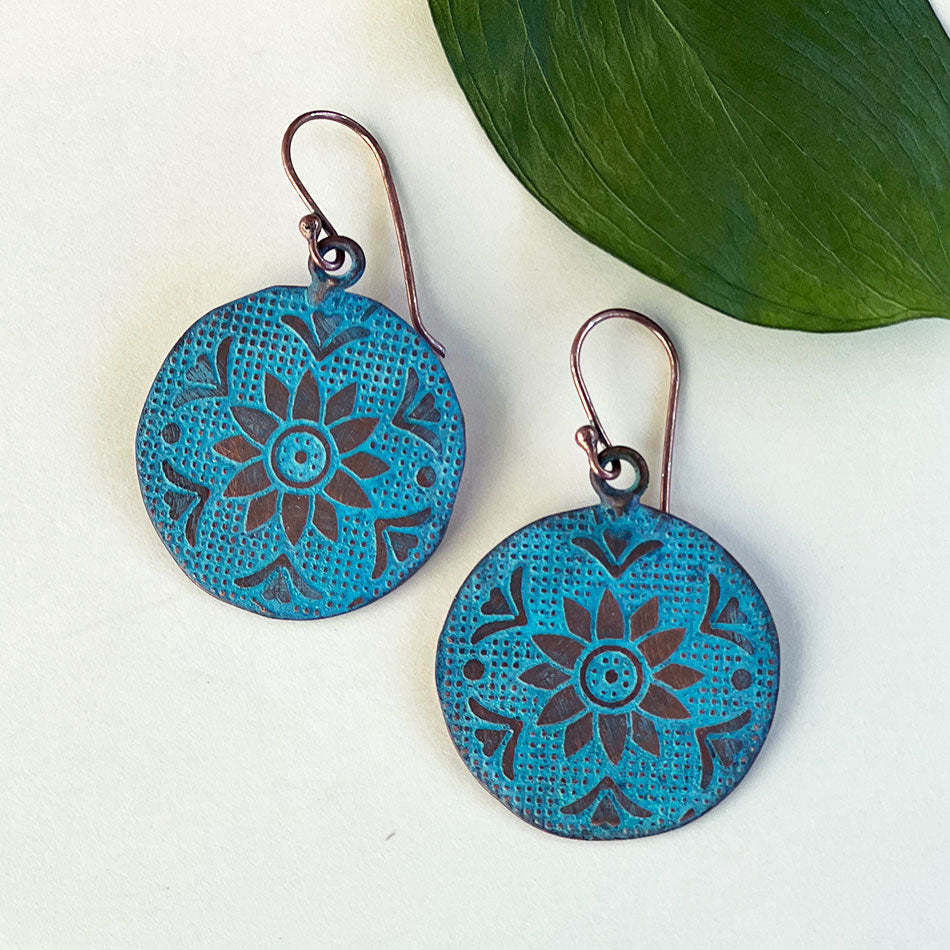 Sunflower Patina Copper Earrings, India
