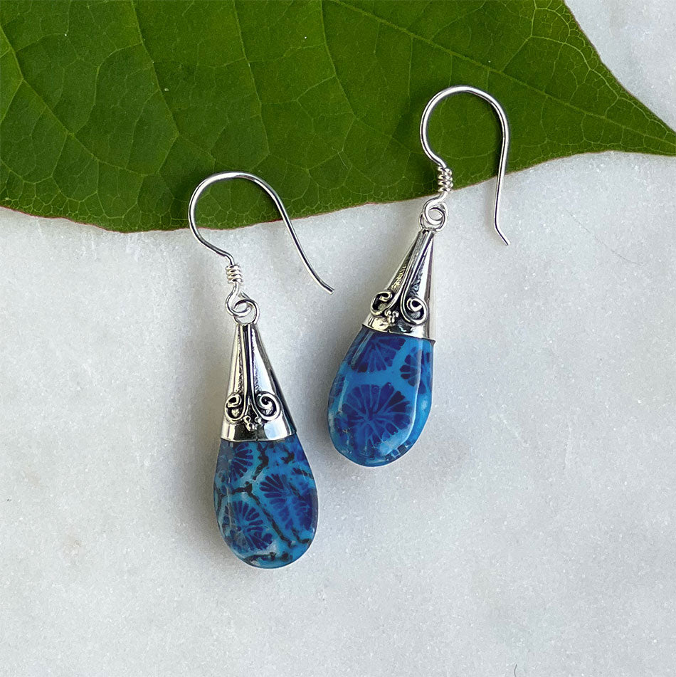 Blue Coral Filigree Earrings - Sterling Silver, Indonesia