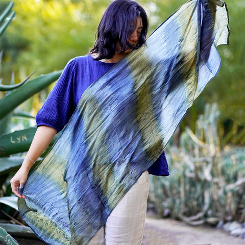 Fair trade silk shibori scarf handmade by artisans in India.