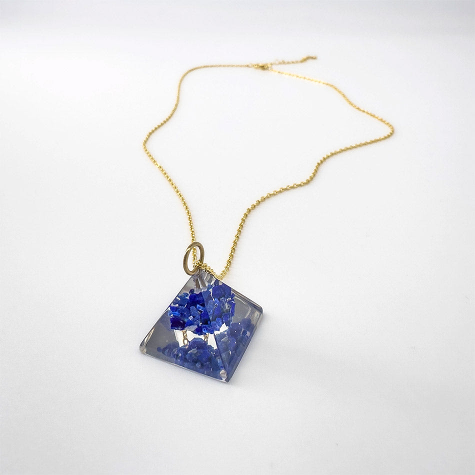 Fair trade pyramid eco resin necklace handmade by artisans in Colombia.