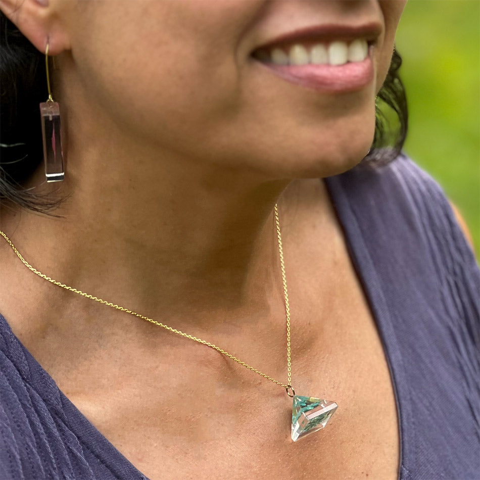 Fair trade pyramid eco resin necklace handmade by artisans in Colombia.