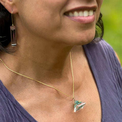 Fair trade pyramid eco resin necklace handmade by artisans in Colombia.