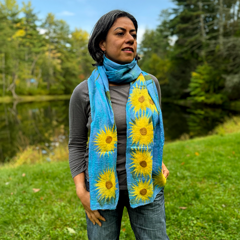 Sunflower Felted Wool/Silk Scarf - Blue, Nepal