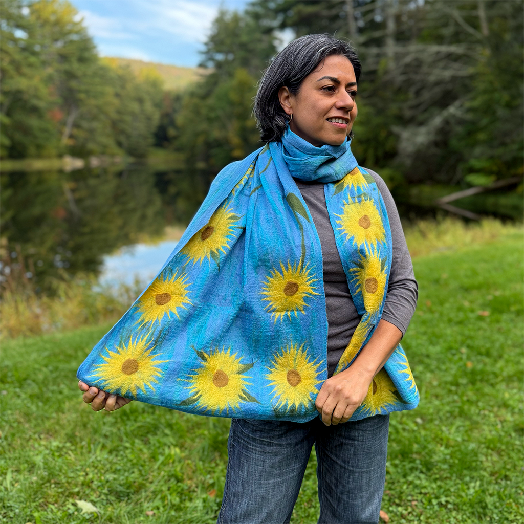 Sunflower Felted Wool/Silk Scarf - Blue, Nepal