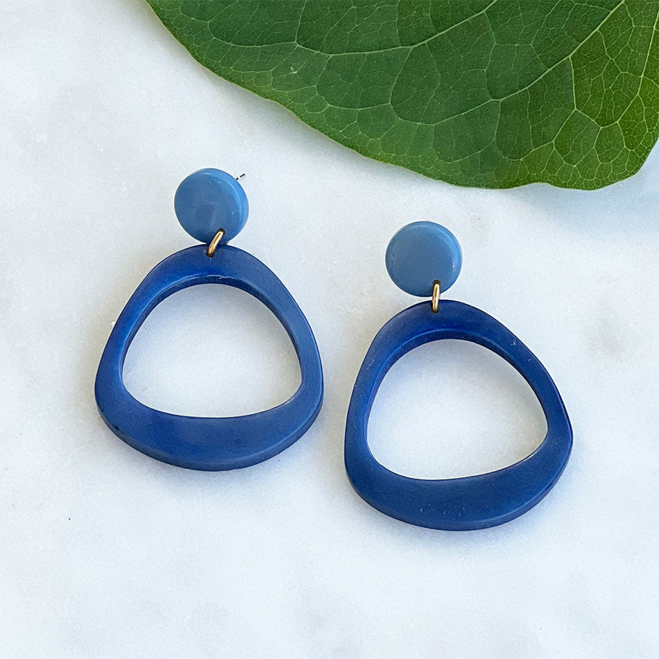 Blue Fair Trade tagua earrings handmade in Ecuador