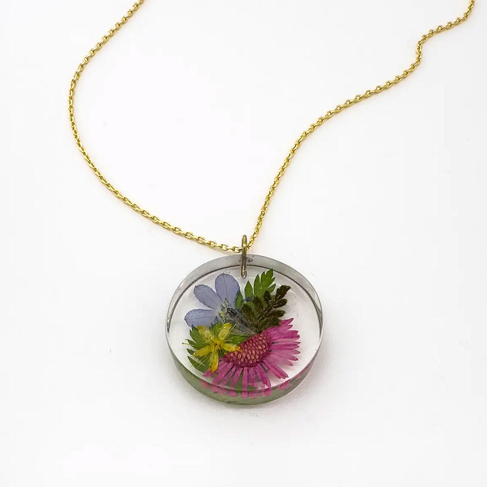 Fair trade eco resin botanical necklace handmade by artisans in Colombia.
