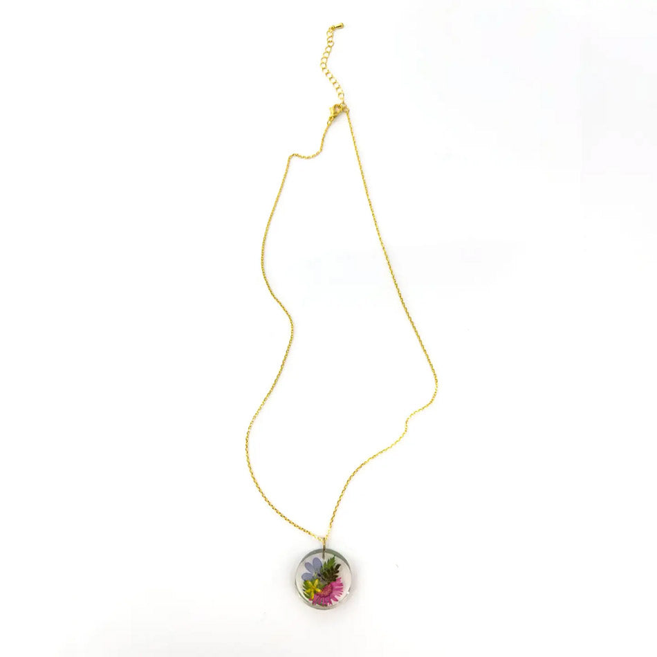 Fair trade eco resin botanical necklace handmade by artisans in Colombia.