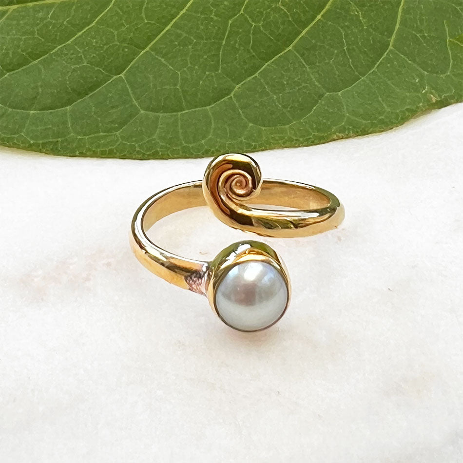 Fair trade brass pearl adjustable ring