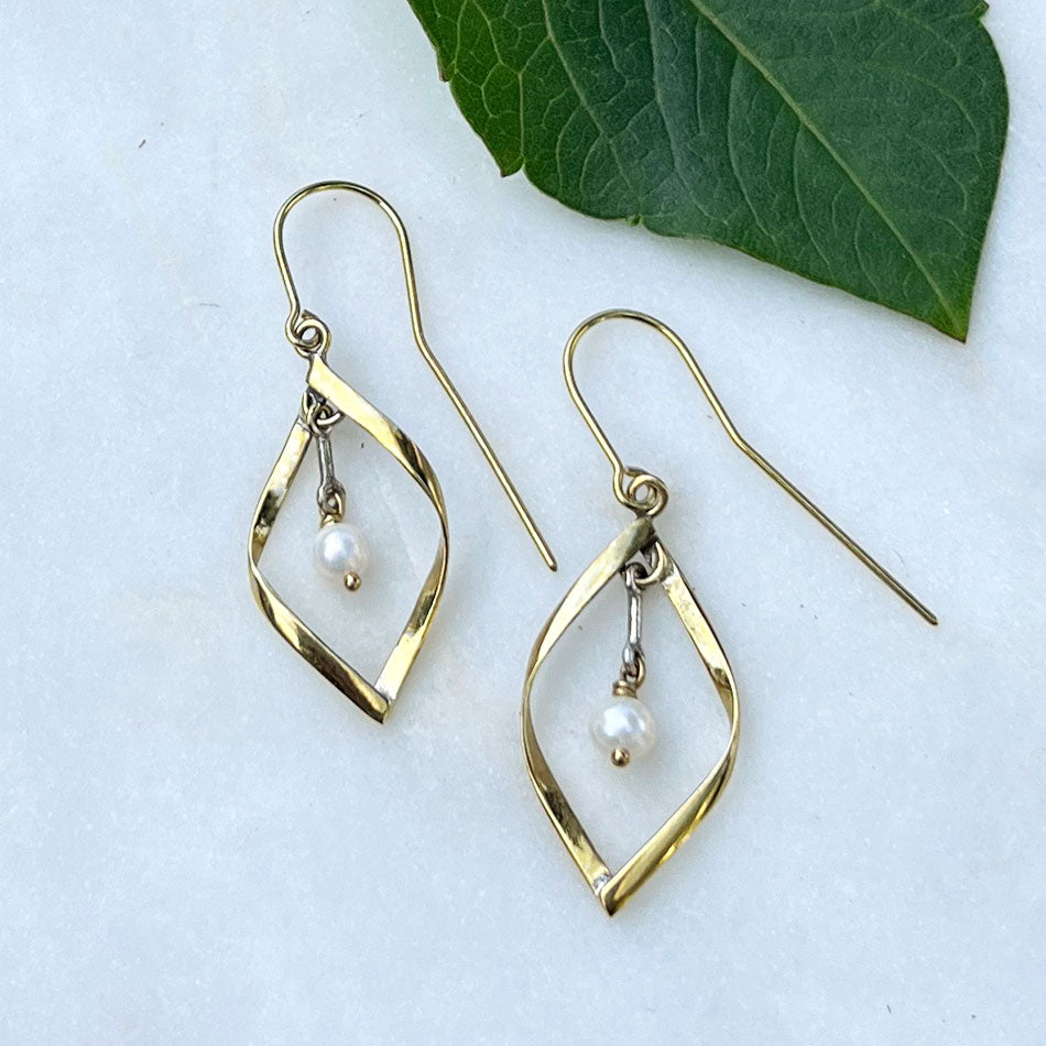 Ethically handmade brass pearl earrings Bali