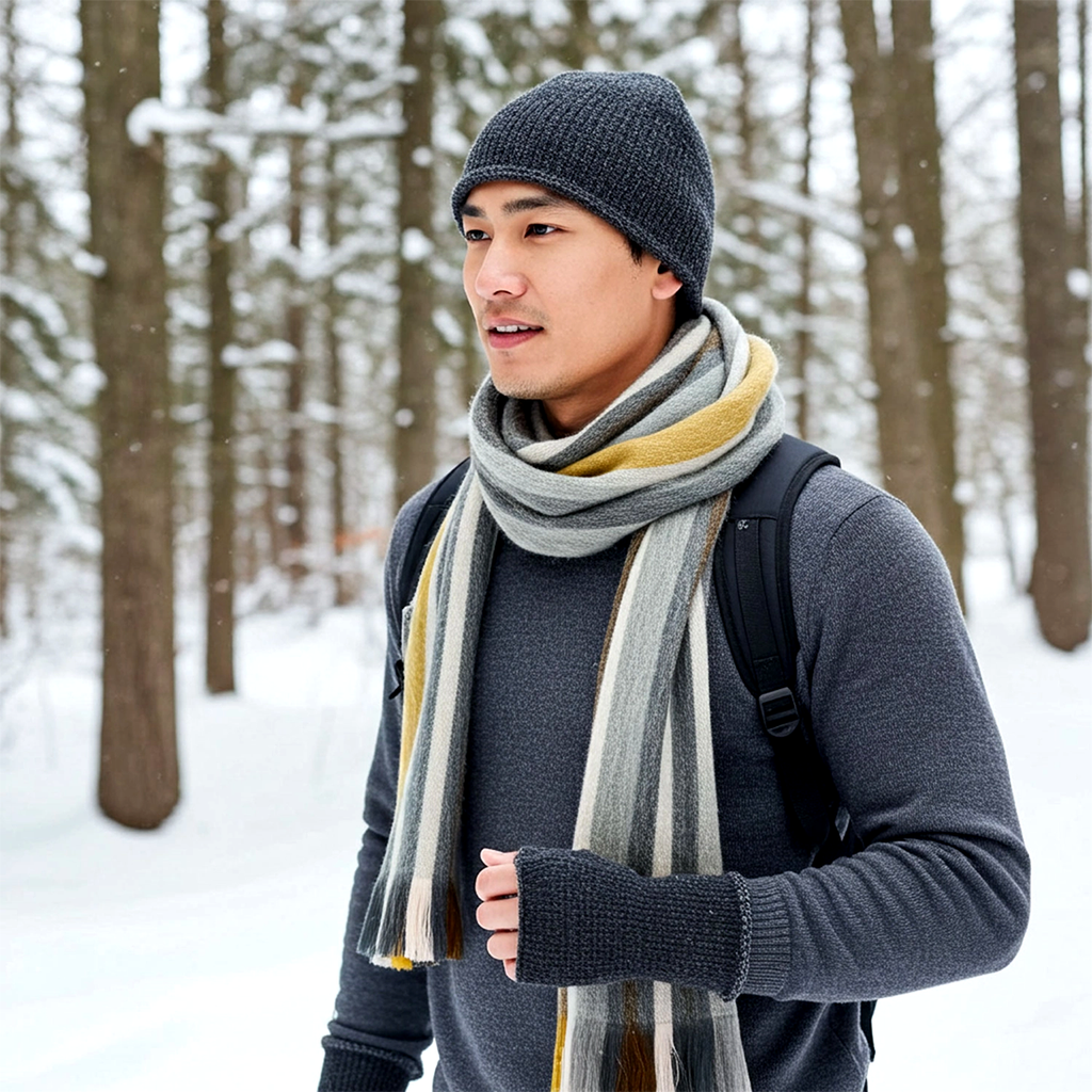 Alpaca scarf on model with gold, gray and blue stripes