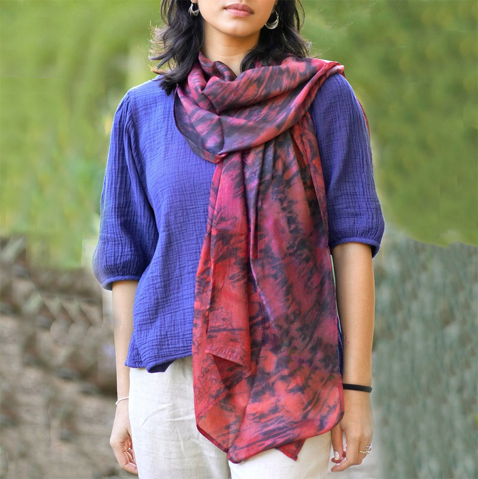 Fair trade shibori silk scarf handmade by artisans in India.