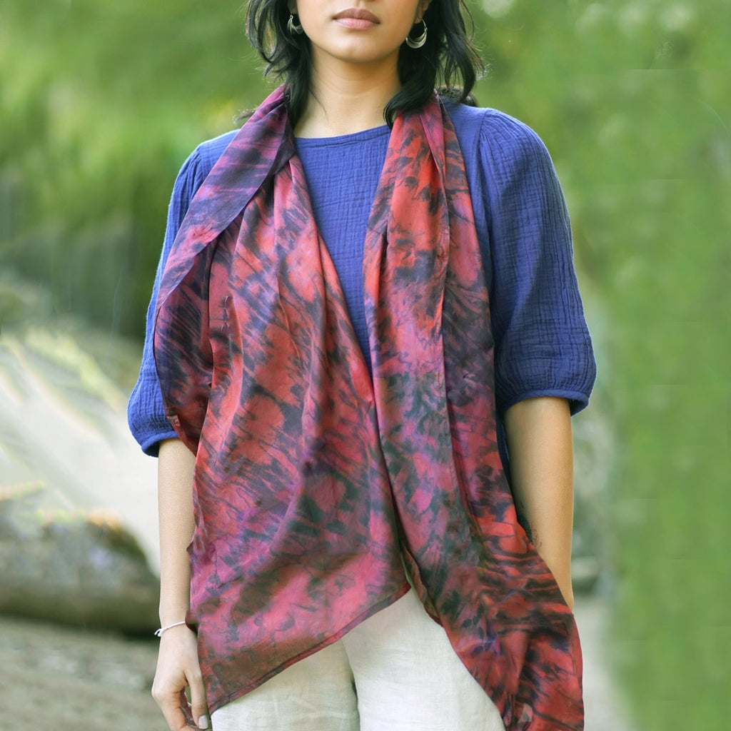 Fair trade silk shibori scarf handmade by artisans in India.