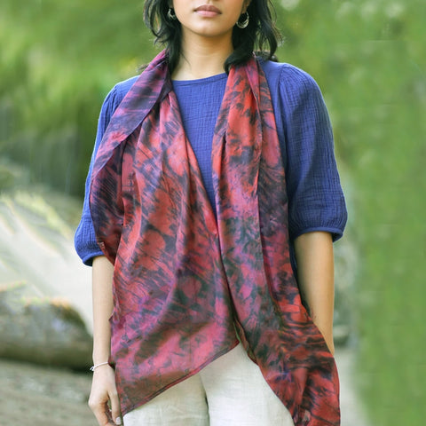 Fair trade shibori silk scarf handmade by artisans in India.