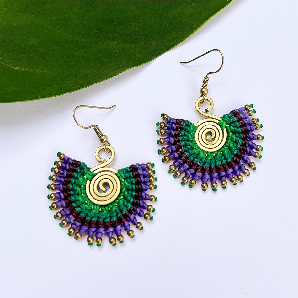 FAir trade crocheted brass earrings handmade in Thailand.