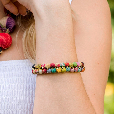 Fair trade recycled sari bead bracelet handmade by artisans in India.