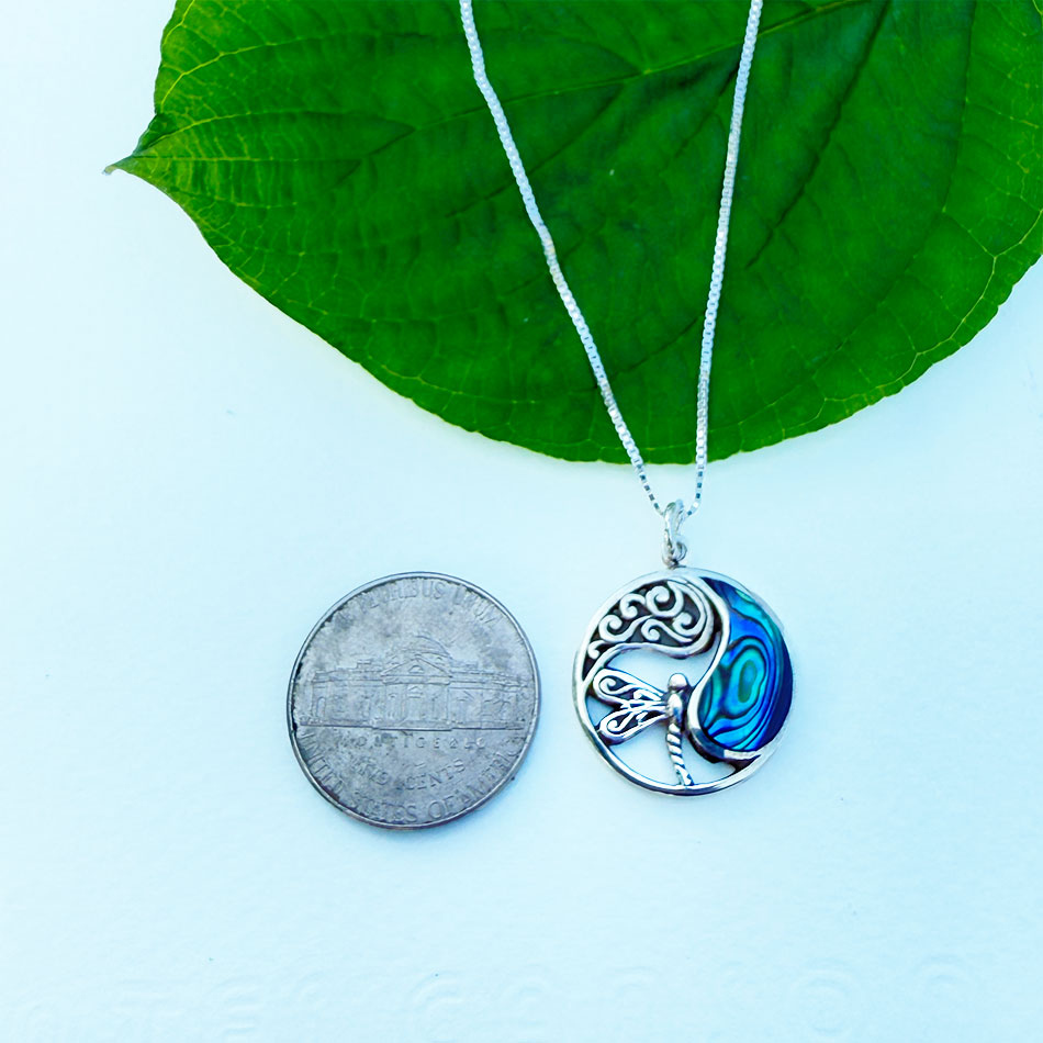 Fair trade sterling silver abalone dragonfly necklace