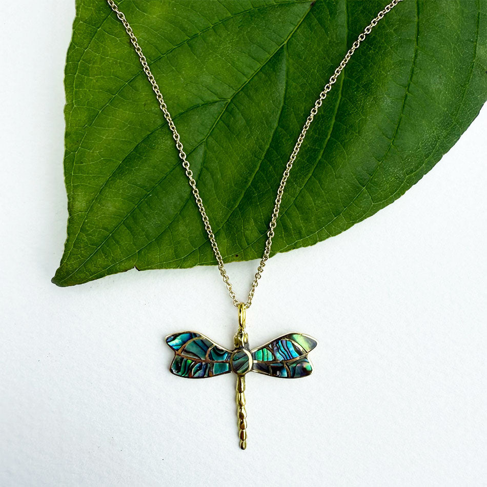 Fair trade ethically handmade dragonfly abalone necklace