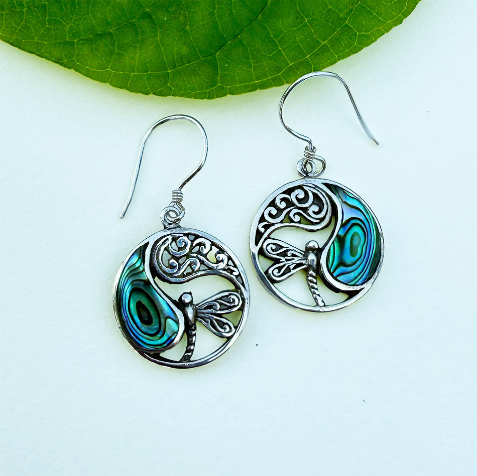 Fair trade dragonfly abalone earrings sterling silver