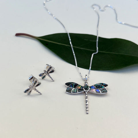 Fair trade sterling silver abalone dragonfly necklace