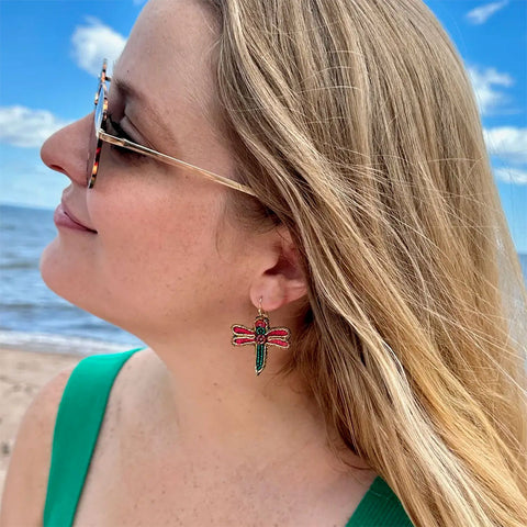 Beaded dragonfly earrings fair trade handmade India