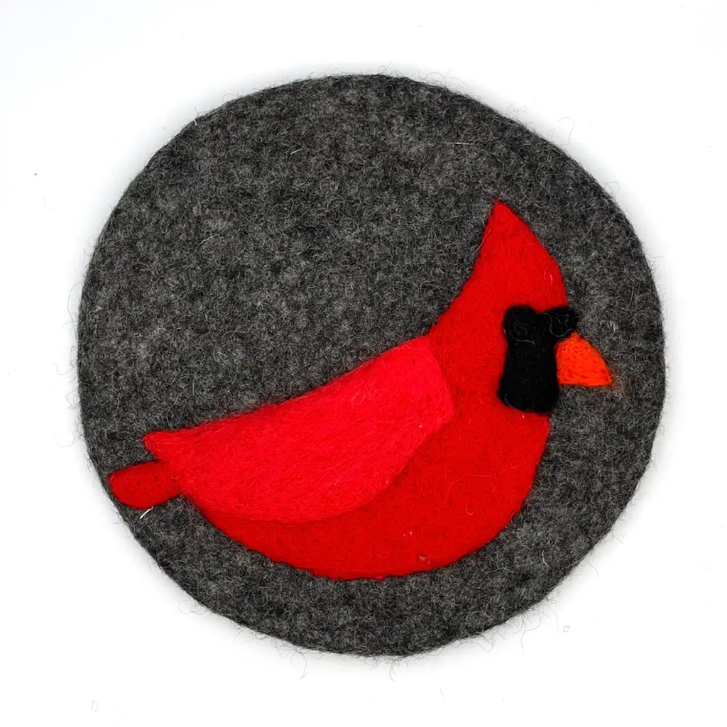 Round felt trivet gray with red cardinal